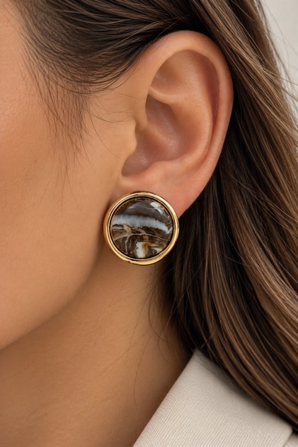 Gold Plated Brown Patterned Round Stone Earrings
