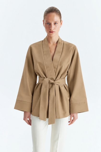Camel Color Tok Fabric Belted Kimono Jacket