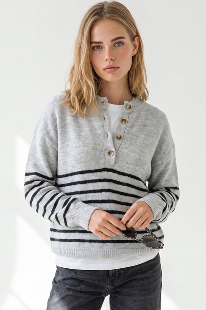 Women's Gray Buttoned Striped Soft Textured Knitwear Sweater Kzk-19001180