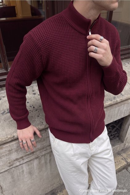 Sirte Checkered Patterned Stand Collar Zippered Regular Fit Men's Knitwear Cardigan
