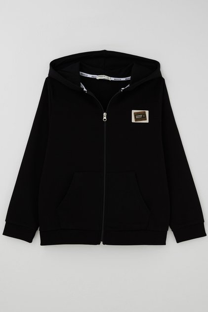Boy's Hooded Cardigan with Arma Detail and Zipper, Ages 10-14, Black
