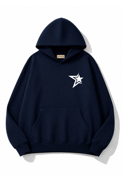 Chest Star Printed Oversize Sweatshirt with Kangaroo Pocket