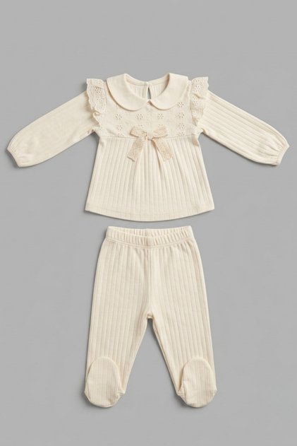 Bowknot Detailed Ruffled Embroidered Top & Booties Bottom Baby Girl Set
