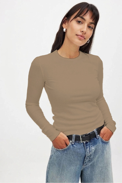 Women's Dark Beige Long Sleeve Crew Neck T-Shirt Blouse Camisole Ribbed