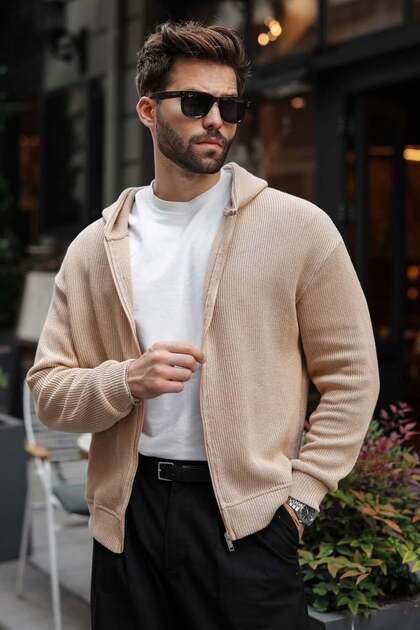 Beige Hooded Zippered Men's Knitwear Cardigan E7208
