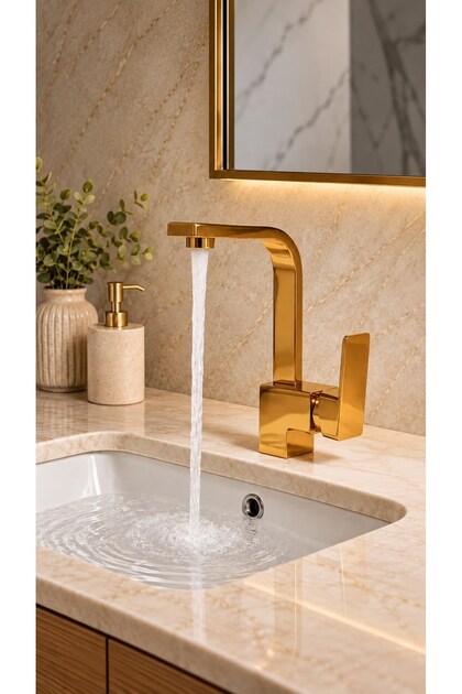 Gold Altın Kare Lavabo Bataryası 5 Yıl Garantili Musluk