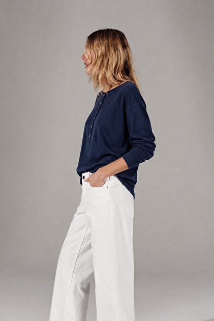 Navy Blue Buttoned Long Sleeve Basic T-Shirt 2664