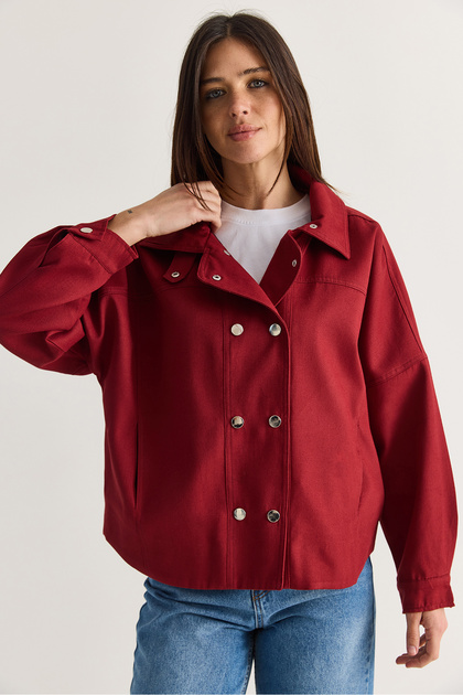 Women's Burgundy Lined Denim Stand Collar Snap Fastener Short Trench Coat 1131 60286576
