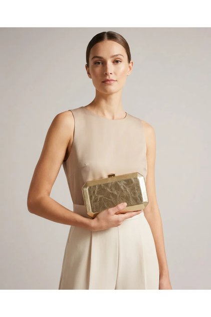 Gold Crinkled Metallic Hexagonal Case Evening Dress Bag - Wedding Engagement Graduation and Special Event Evening Portfolio Bag