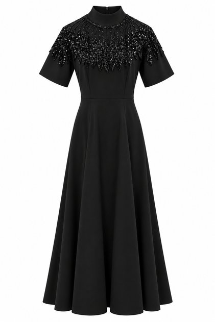 Sequin Detailed High Neck Black Dress