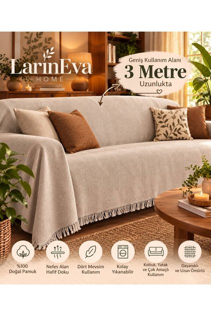 Larin Tekstil %100 Pamuk Koltuk Örtüsü 310x180 cm – 3 Metre Püsküllü Çok Amaçlı Koltuk ve Yatak Örtüsü