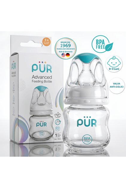 PUR ®   Biberon anti-colici avansat 60ml, 0-3 luni, tetină din silicon, flux uniform, fără BPA, ergonomic