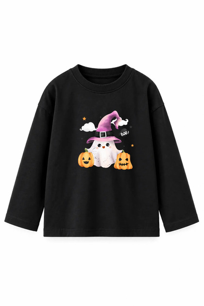Halloween Kids' Long Sleeve Tshirt – Cute Ghost and Pumpkin Pattern with Witch Hat