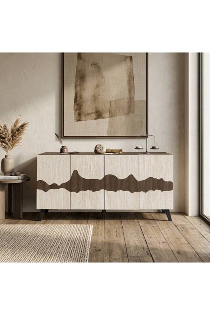 Wooden Buffet Cabinet with Modern Contemporary Design - Beige and Brown - 160X40X78 cm