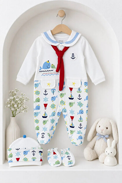 Erkek Bebek %100 Pamuk Denizci Yakalı Balina Desenli Şapkalı Eldivenli Tulum Set