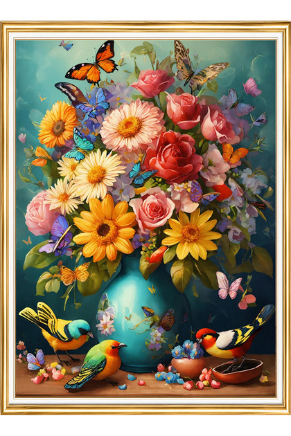 Diamond painting puzzle kit, flowers and birds in vase 30x40 cm mosaic