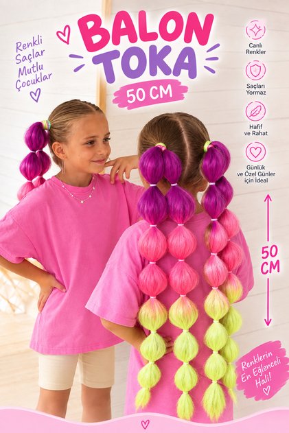 Balon Toka 50 CM – 7 Boğumlu Renkli Kız Çocuk Saç Tokası (2 Adet)