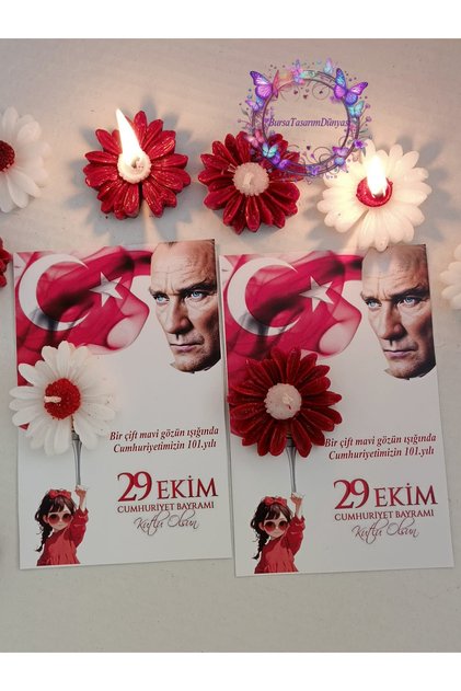 25 adet 29 ekim cumhuriyet Bayramı tebrik kartlı papatya mum kırmızı-beyaz