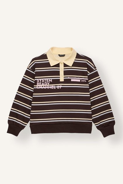 Oversize Polo Collar Striped Printed Sweatshirt for Girls I8342A826Wn