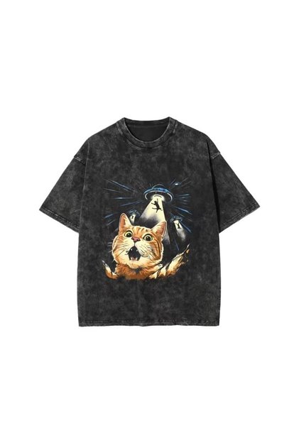 Washable Vintage Black Oversize T-Shirt with Ufo and Confused Cat Print