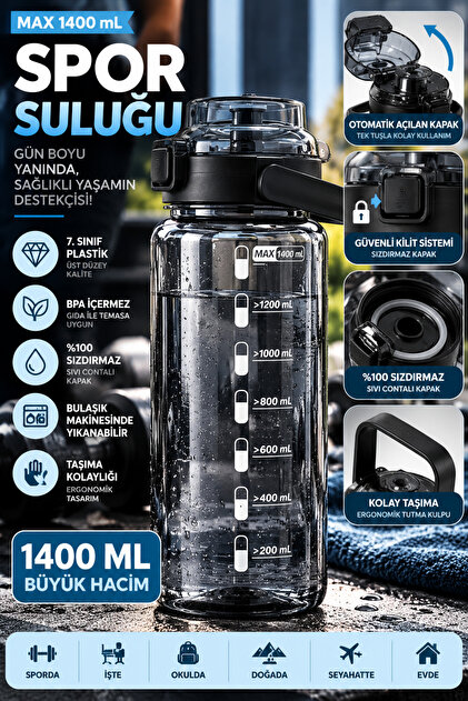 1400 ML Büyük Boy Spor Suluğu Otomatik Açılır Kapaklı Sızdırmaz Taşıma Kulplu BPA Free Matara