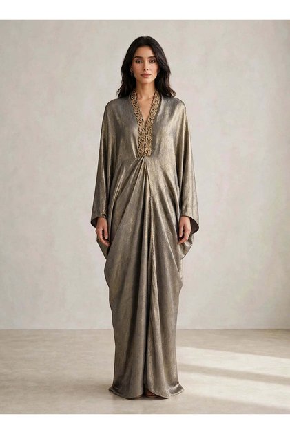 Shimmer Drape Kaftan — Steel Grey with Gold Handwork |