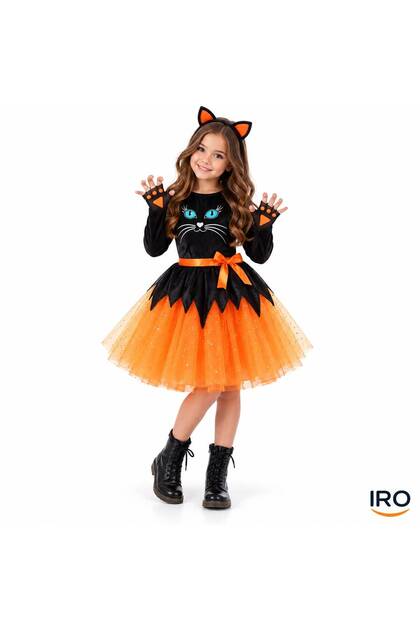 Costum de Halloween pisicuță pentru fete, 8 ani, 111-136 cm, Rochie neagră și portocalie, Bentiță și coadă incluse, Costum de carnaval pentru copii, Deghizare de pisică pentru petreceri tematice și evenimente școlare