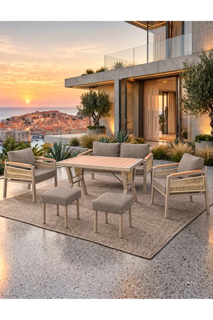 Nova Makrome Örgülü 2+1+1 Bahçe ve Balkon Oturma Grubu – 2 Adet Puf Hediyeli Kapuçino