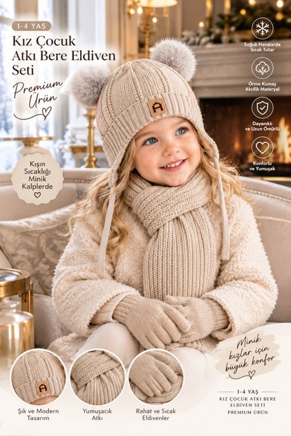 Lux 1-4 Year Old Children's 3-Piece Winter Set: Pompom Beanie, Scarf and Gloves Premium