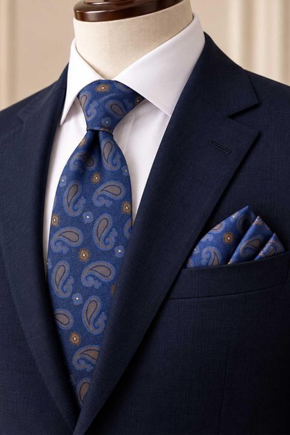 Blue Shawl Pattern Handkerchief Classic Tie Kk14022