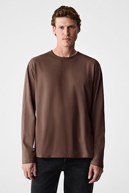 Gravs men's 100% cotton soft fabric round neck long sleeve brown t-shirt