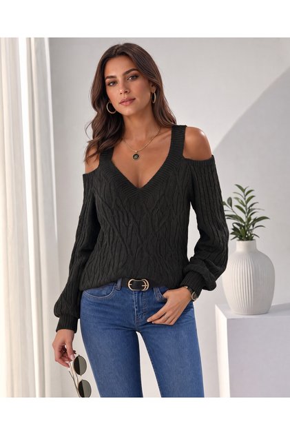 Women's Long Sleeve Off-The-Shoulder V-Neck Knitwear Sweater