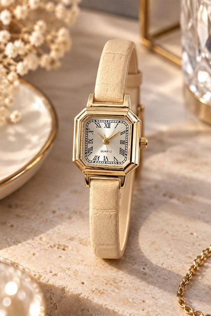 Boni̇t Women's Wristwatch Cream Beige Leather Strap Gold Color Cornered Case Roman Numerals Minimal Elegant Classic Analog Watch