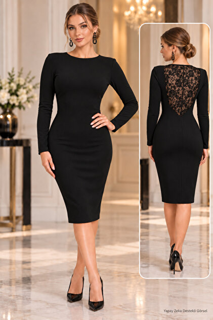 Elegant Touch of Invitations Women's Black Crew Neck Lace Detailed Back Midi Crepe Dress