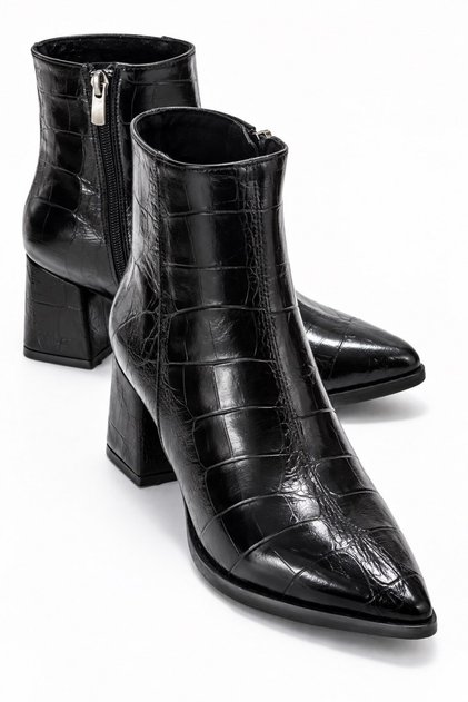 Women's Plain Pointed Heeled Boots Black Croco