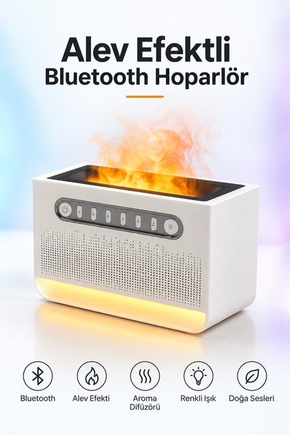 Alev Efektli Hava Nemlendirici Aroma Difüzörü Bluetooth Hoparlör Renkli LED Işıklı Doğa Sesli
