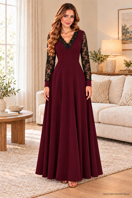 Elegance in Every Step Women's V-Neck and Ruched Sleeves Flared Long Crepe Dress