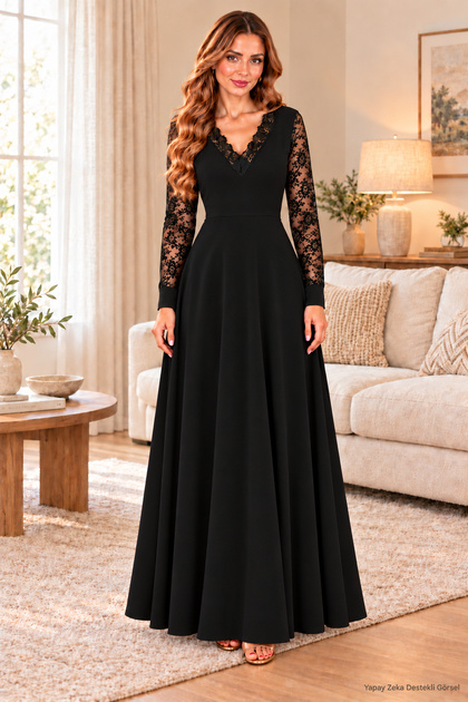 Elegance in Every Step Women's V-Neck and Ruched Sleeves Flared Long Crepe Dress