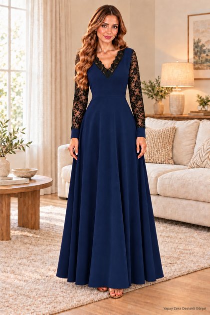 Elegance in Every Step Women's V-Neck and Ruched Sleeves Flared Long Crepe Dress
