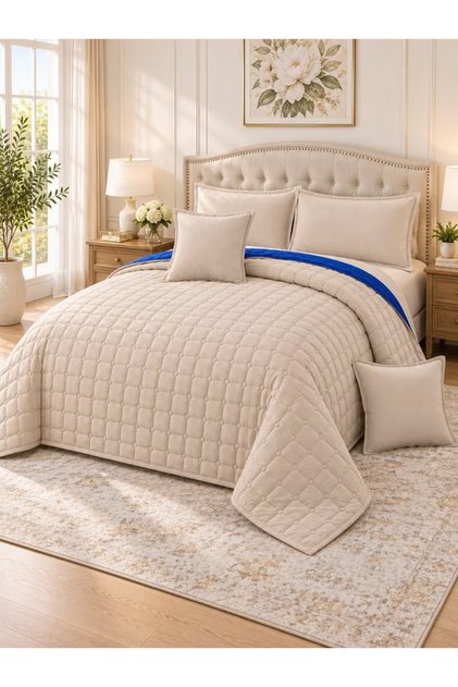 6-Piece Reversible Quilted King Bedding Set with Comforter, Flat Sheet, 2 Pillowcases & 2 Cushion Cases