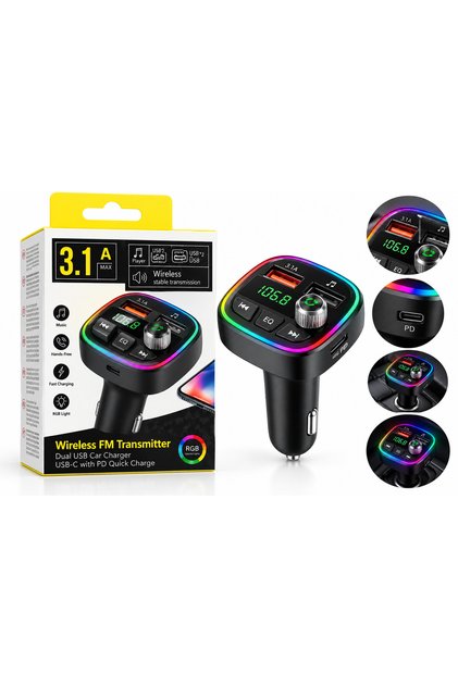 Transmițător FM Auto Wireless, Bluetooth, 3.1A, USB, USB-C, încărcare rapidă, Hands-Free, iluminare RGB, Negru