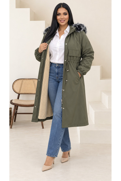 Women's Plus Size Removable Hooded Plush Fur Inside Waist Tie Detail Winter Thick Long Coat 29012