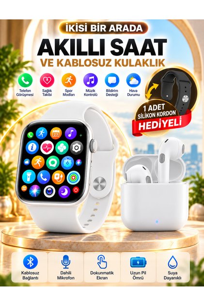 Akıllı Saat ve Kablosuz Bluetooth Kulaklık 2'li Set – Arama Özellikli, Spor ve Sağlık Takibi, Dokunmatik Ekran – Yedek Silikon Kordon Hediyeli
