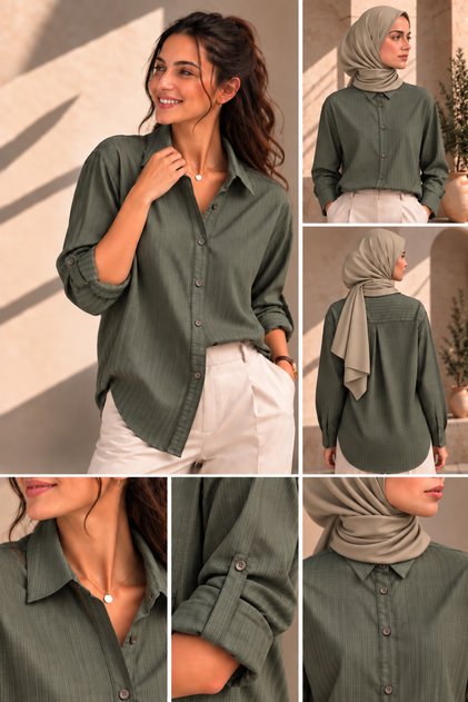 Kadın Haki Oversize Çizgili Gömlek Uzun Kollu Düğmeli