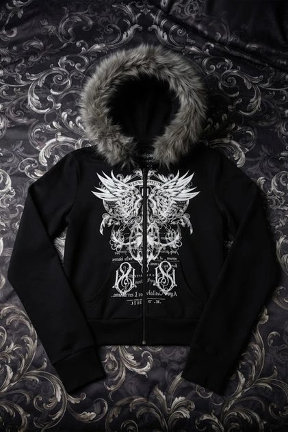 Black Fur White Wings Motif Printed Gothic Y2K Crop Cardigan Sweatshirt