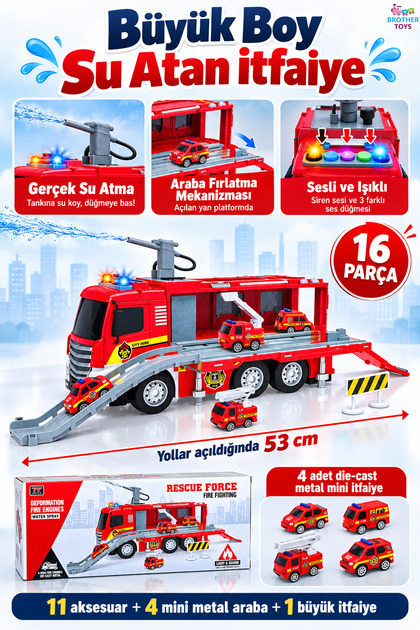Dev Boy Su Atan Sürtmeli Sesli Işıklı İtfaiye 4 Metal Arabalı Ve Araba Fırlatma Rampalı 30 Cm.