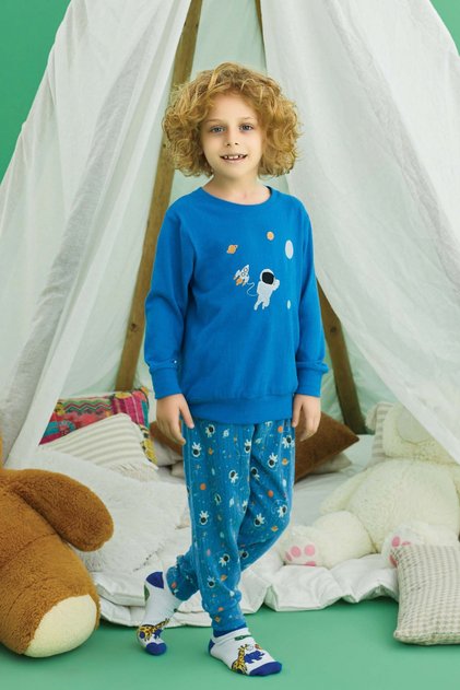 Children's Thermal Pajama Set Winter Long Sleeve Space Astronaut Patterned Blue