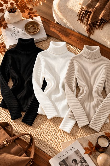 Women's 3-Piece High-Neck Sweater Ready Pack Slim Fit Seasonal Savior Piece Turtleneck Ribbed Camisole Long Sleeve Casual Combination Set