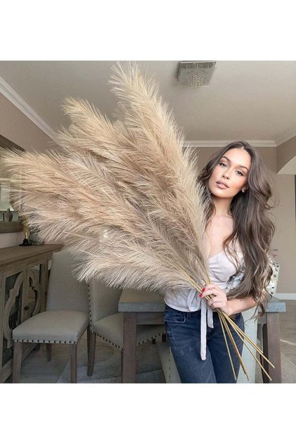 LATIFA 3 pcs Extra Large Gold Brown Fake Faux Long Artificial Pampas Grass Large Fluffy x3 115cm St
