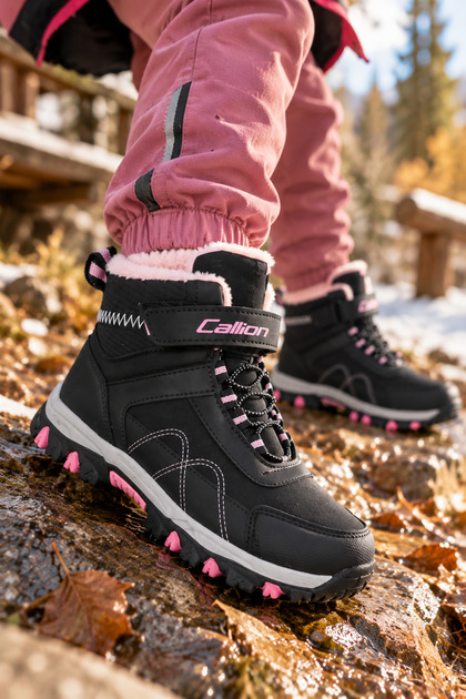 Callion Girls' Black Pink Trekking Boots with Fur Inside and Velcro Winter Outdoor Boots